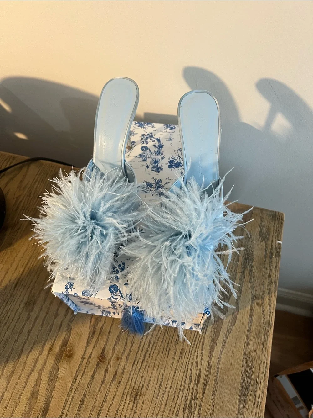 She Is Cheval “Beverly Hills What a Thrill” Blue Feather Satin Stiletto Mule